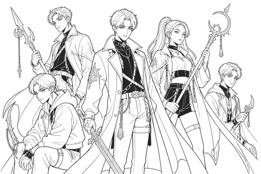 dessin k-pop demon hunters facile à colorier et à imprimer, parfait pour les fans souhaitant s'amuser avec leurs personnages préférés.