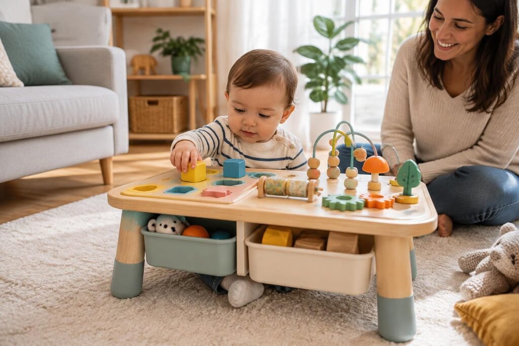 découvrez notre table d’activités pour enfant avec rangement, conçue pour stimuler l’éveil et accompagner les tout-petits dès 1 an.
